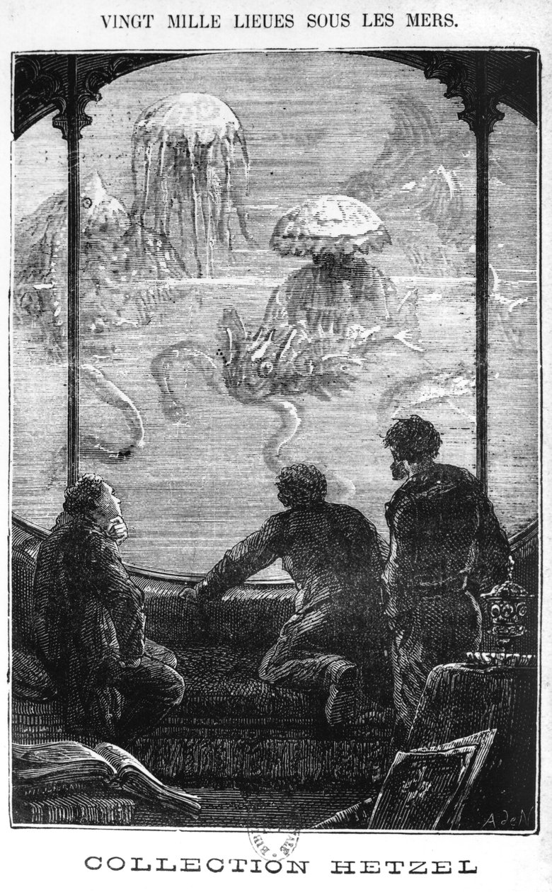 Nautilus Passengers, kuvitus Jules Vernen (1828-1905) teoksesta "20 000 liigaa meren alla", kaiverrus Henri Theophile Hildibrand (1824-97) Paris, Hetzel tekijältä Alphonse Marie de Neuville