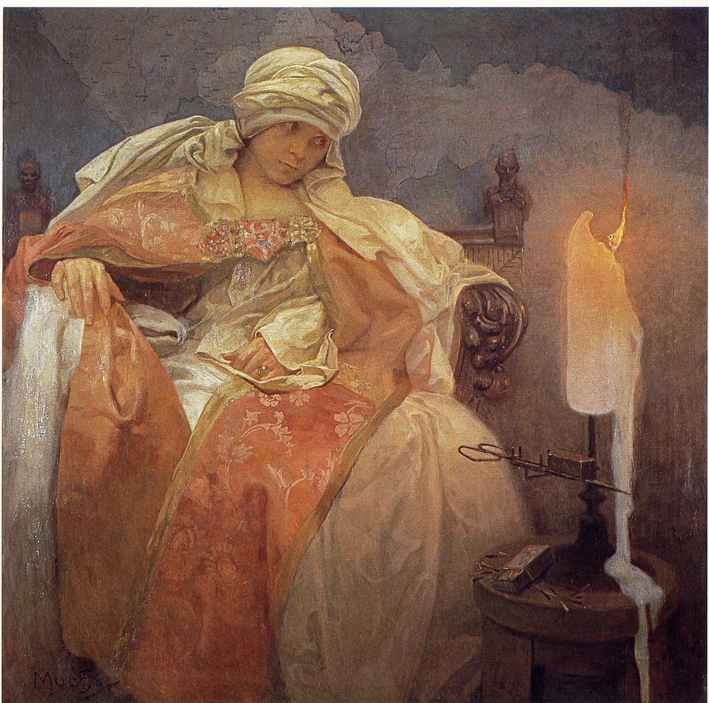Nainen palavan kynttilän kanssa tekijältä Alphonse Mucha