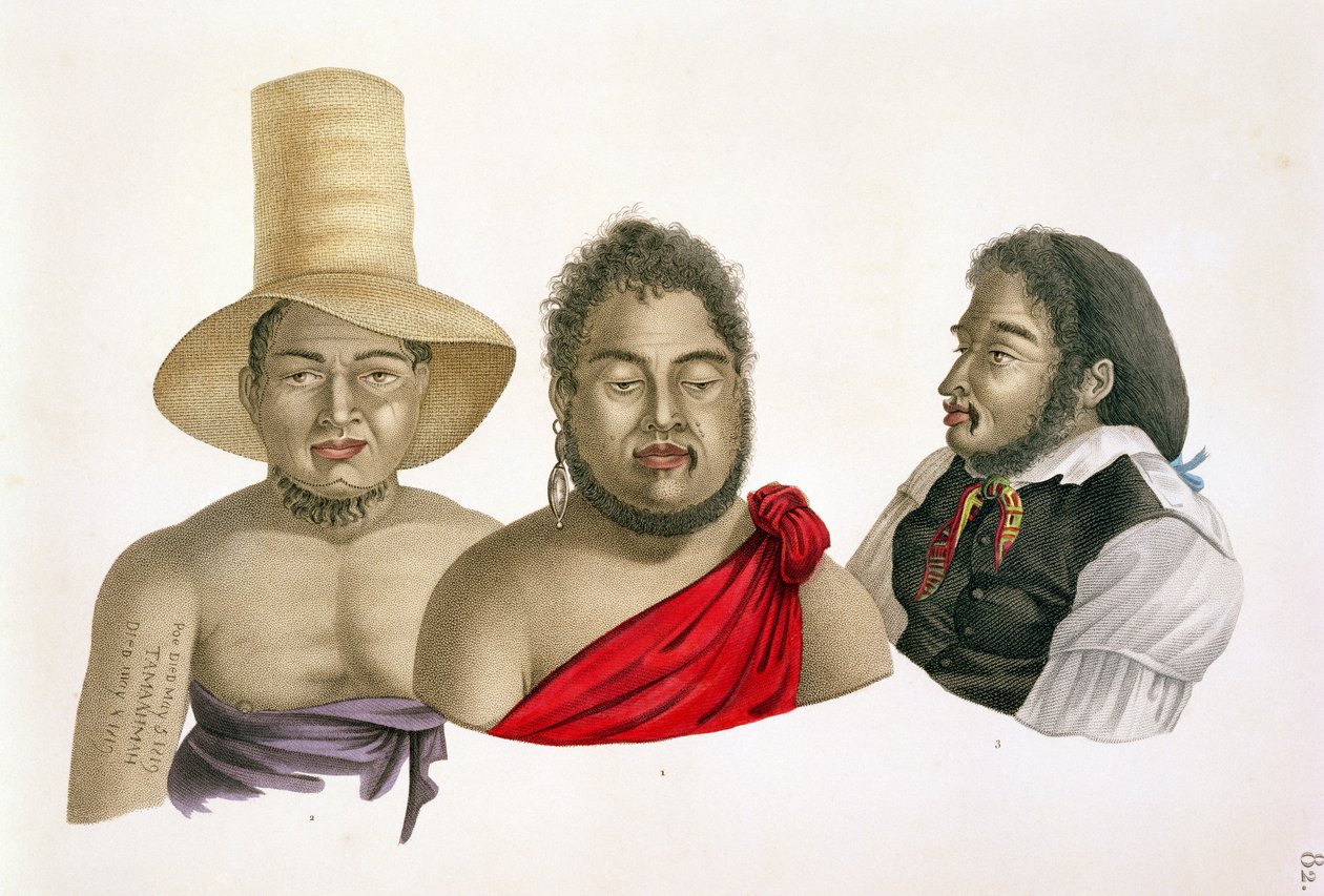 Sandwichsaarten päälliköiden muotokuvat teoksesta "Voyage autour du Monde (1817-20)", Louis Claude De Saulces de Freycinet (1779-1842) kaivertanut A. Migneret, julkaistu 1822-24 tekijältä Alphonse Pellion