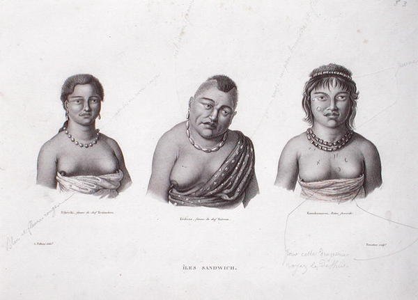 Havaijin päälliköiden vaimot Sandwichsaarilta, n. 1824 (kaiverrus) tekijältä Alphonse (after) Pellion