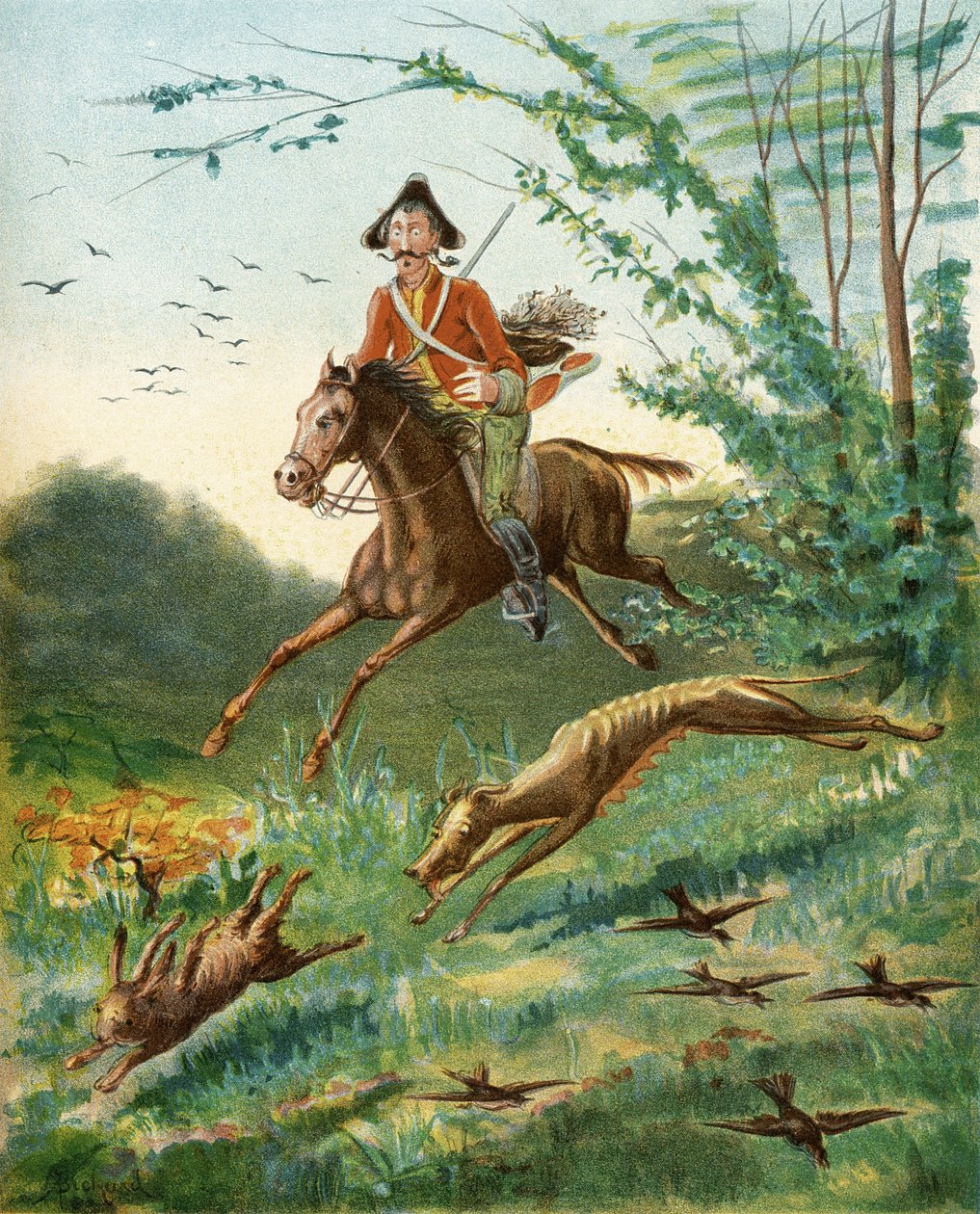 Anekdootti jänisestä, jolla on kahdeksan jalkaa, Rudolf Erich Raspen (1736-94) teoksesta "Paroni Münchausenin seikkailut", julkaistu n. 1886 (värilitho) tekijältä Alphonse Adolphe Bichard