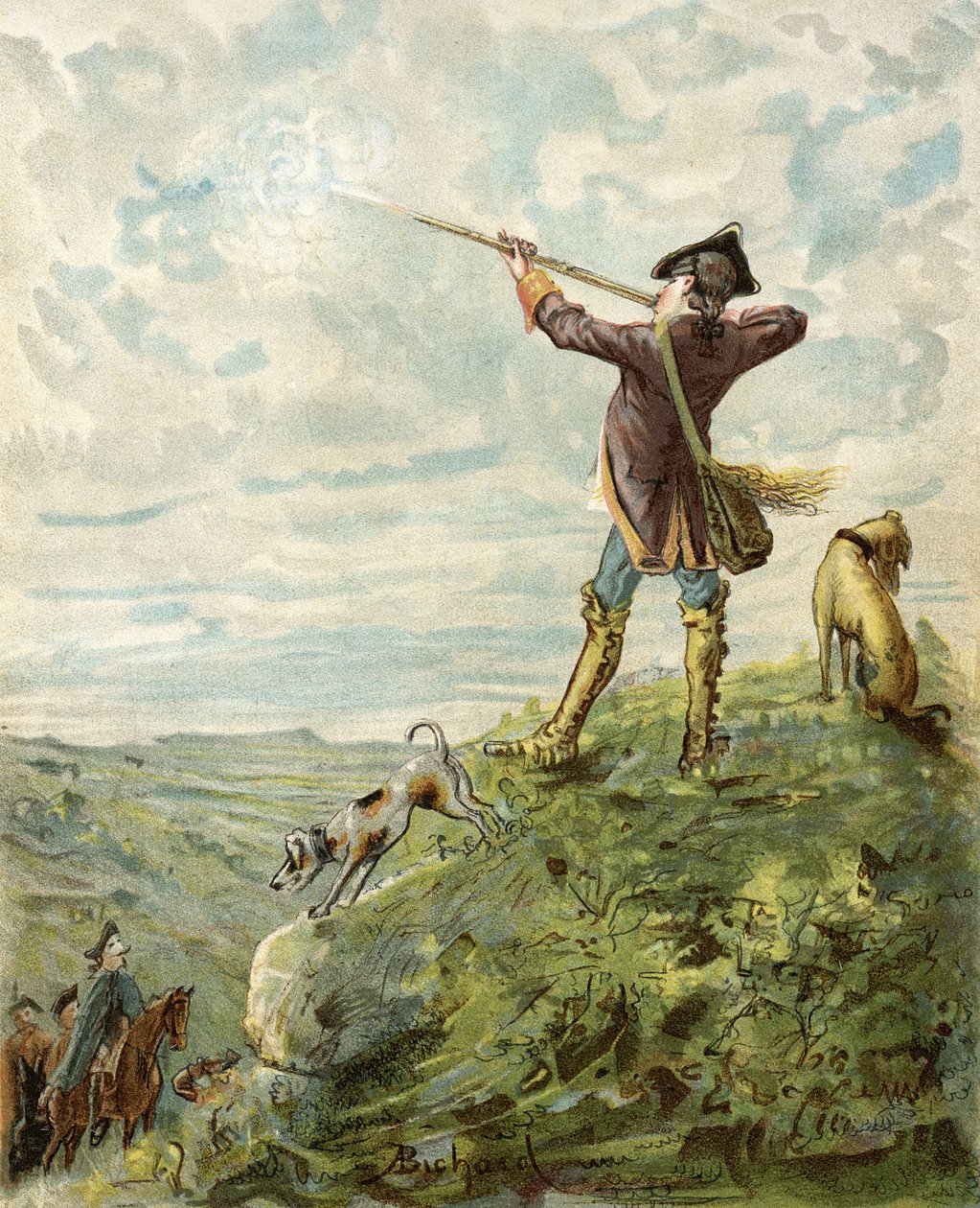 Paroni Munchausen löytää upean ampujan Kaliforniassa, Rudolf Erich Raspen (1736-94) "Paroni Munchausenin seikkailuista", joka julkaistiin n. 1886 (värilitho) tekijältä Alphonse Adolphe Bichard