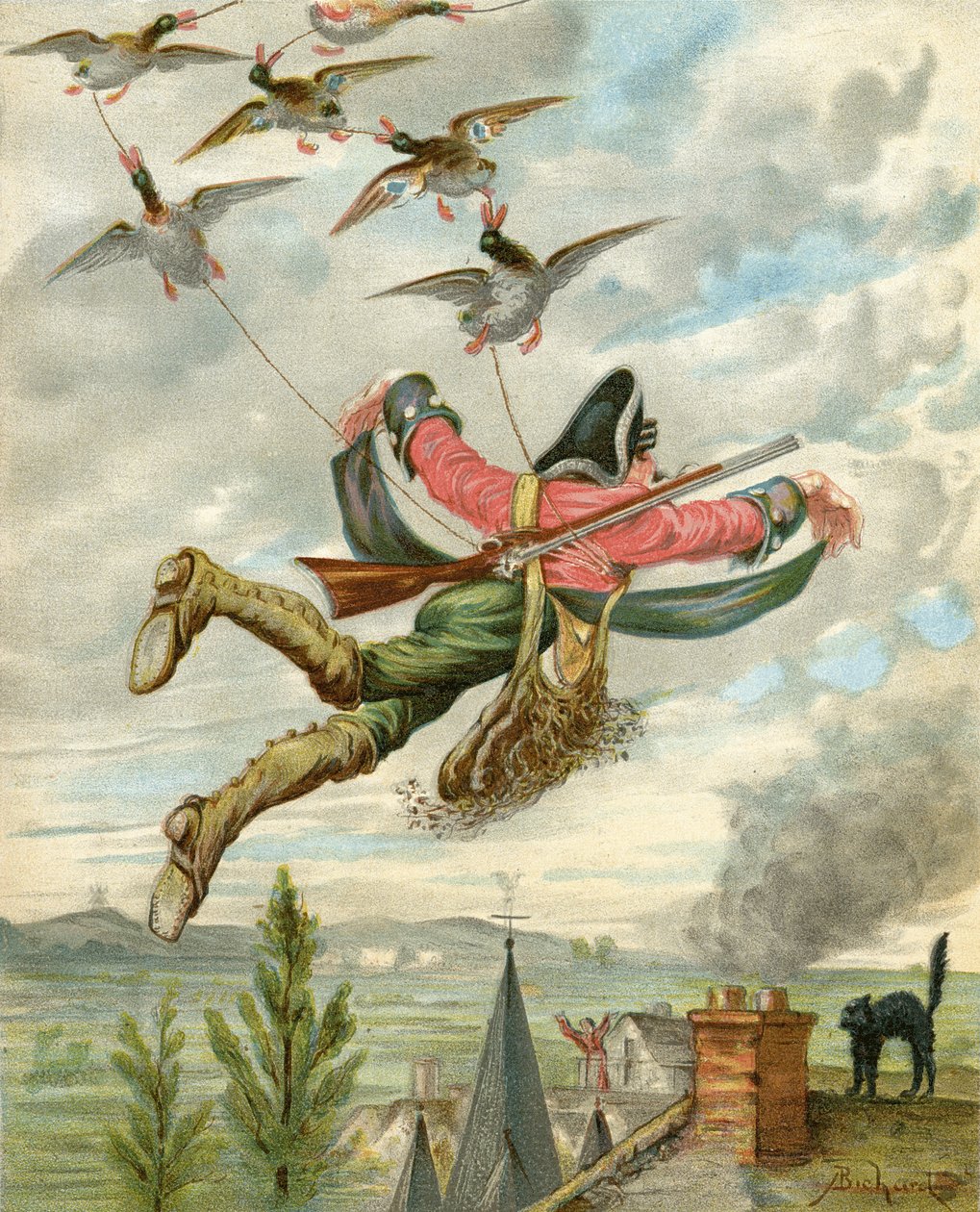 Ankat nostivat maasta, Rudolf Erich Raspen (1736-94) teoksesta Paroni Münchausenin seikkailut, julkaistu n. 1886 (värilitho) tekijältä Alphonse Adolphe Bichard