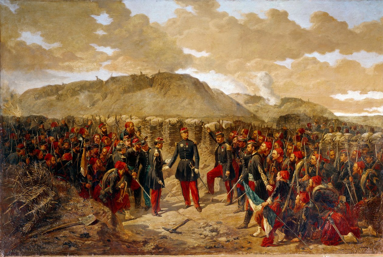 Krimin sota (1853-1856): "" Mac-Mahon ja ensimmäiset zouavit Malakoffille, 09.8.1855"" Kenraali Mac Mahon (1808-1898) antoi viimeiset ohjeet eversti Collineaun ensimmäisille zouaveille ennen sen vangitsemista. Malakoff Redoubt. Alphonse Aillin maalaus tekijältä Alphonse Antoine Aillaud