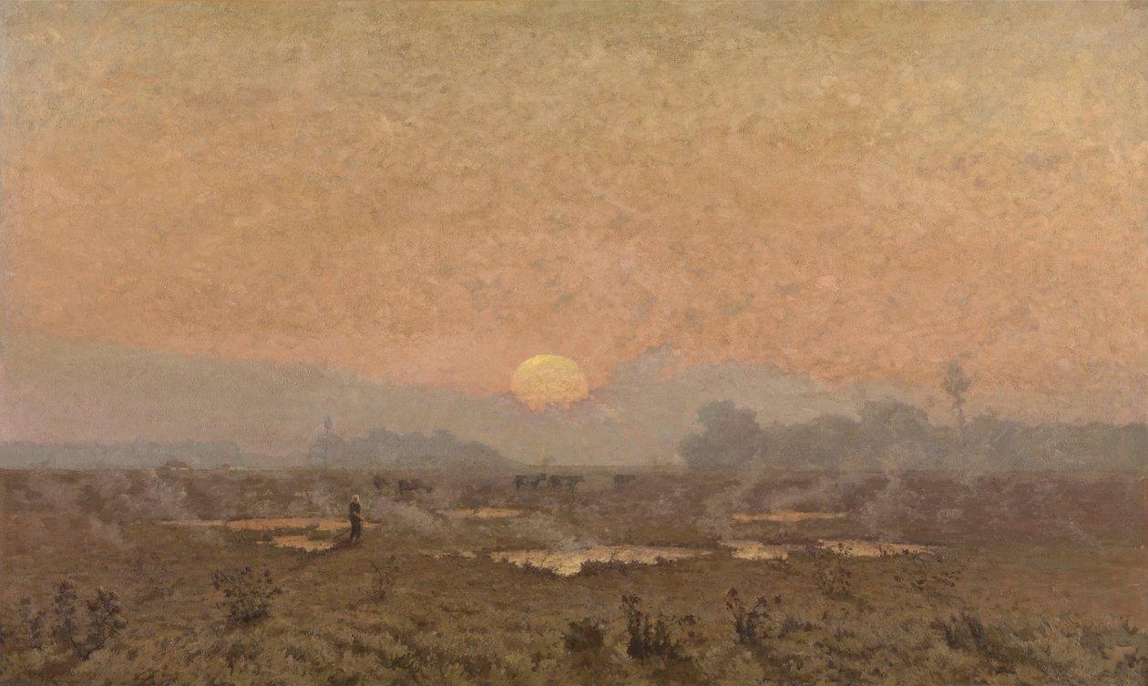 Auringonnousu Kempenissä (öljy kankaalle) tekijältä Alphonse Asselbergs