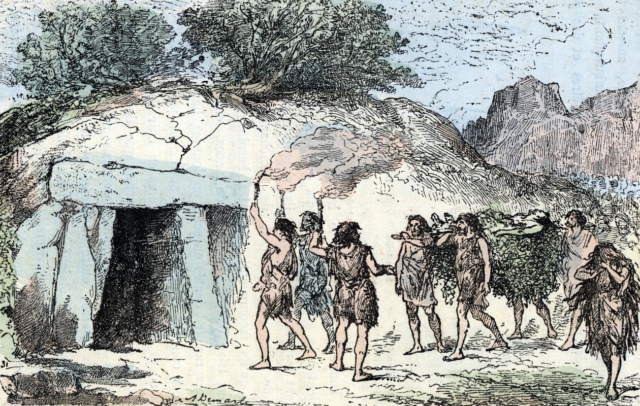 Esihistoria, neoliittinen; ceremony funebre (Esihistoria, neoliittinen: hautajaisseremonia) Kaiverrus "" Luonto ja ihminen"" by Renegade 1881 Yksityinen kokoelma tekijältä Alphonse Demarle