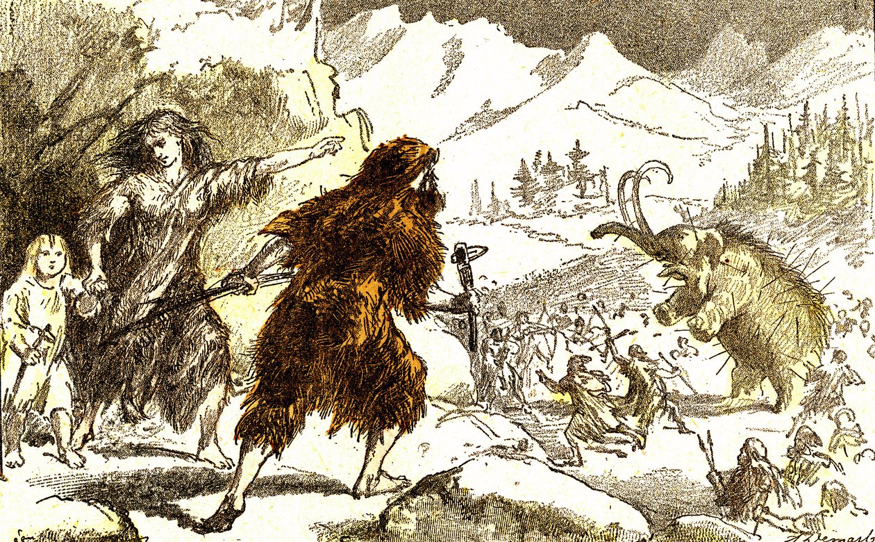 Esihistoriallinen mammutin metsästys. Jääkausi: Luonnollinen luominen ja elävät olennot. Piirustus A. Demarle. 1885 tekijältä Alphonse Demarle