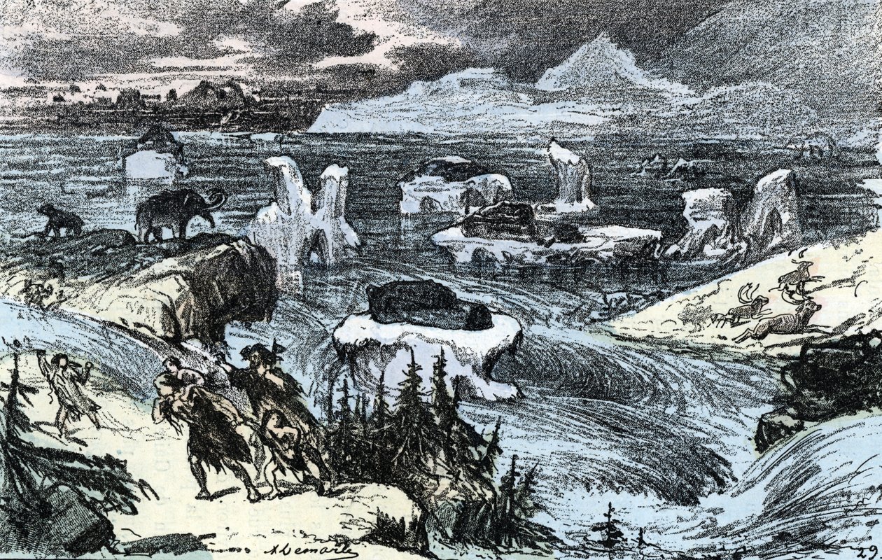Esihistoria; tulva Keski-Euroopassa jääkauden lopussa Rengaden kaiverrus "" Luonto ja ihminen" 1881 Yksityinen kokoelma tekijältä Alphonse Demarle