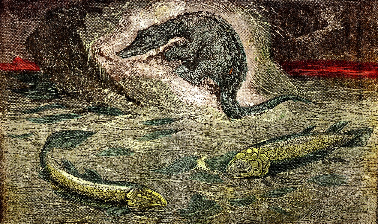 Siirtyminen kaloista matelijoihin: Proteosaurus (ylä) matelija kaloista, kivihiilen kausi. Holoptychius alhaalla vasemmalla ja L