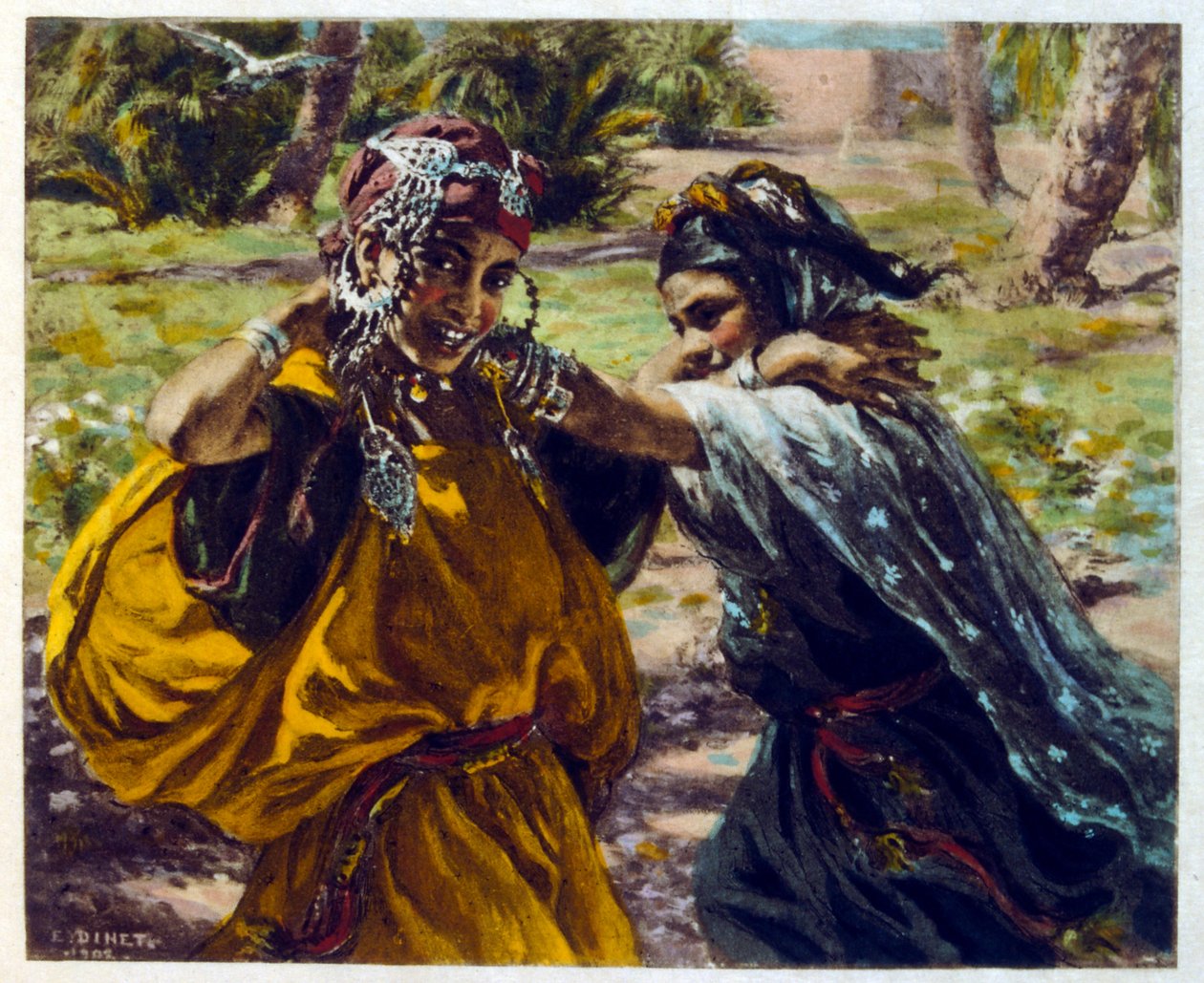 Dinet:n kuvitus teoksesta Mirages Scenes of Arab life. 1906. Mirages, Scénes De La Vie Arab on kuvittanut Etienne Dinet Silman Ben Ibrahim Bamerin kommentilla. Nasreddine Dinet syntyi nimellä Alphonse-Étienne Dinet; (1861-1929) oli ranskalainen itämainen tekijältä Alphonse Etienne Dinet