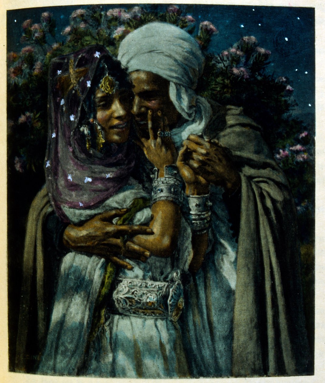 Dinet:n kuvitus teoksesta Mirages Scenes of Arab life. 1906. Mirages, Scénes De La Vie Arab on kuvittanut Etienne Dinet Silman Ben Ibrahim Bamerin kommentilla. Nasreddine Dinet syntyi nimellä Alphonse-Étienne Dinet; (1861-1929) oli ranskalainen itämainen tekijältä Alphonse Etienne Dinet