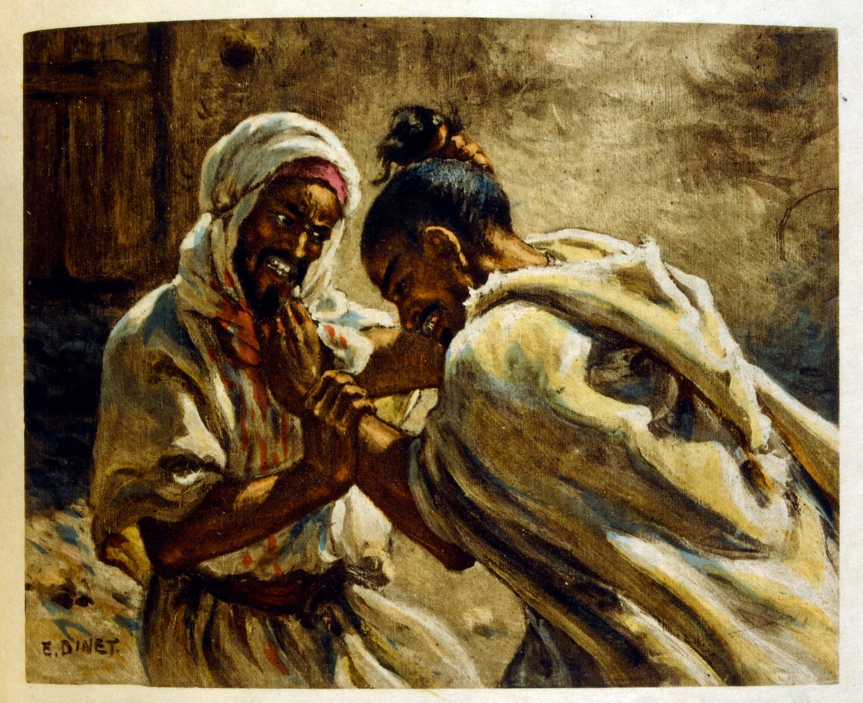Dinet:n kuvitus teoksesta Mirages Scenes of Arab life. 1906. Mirages, Scénes De La Vie Arab on kuvittanut Etienne Dinet Silman Ben Ibrahim Bamerin kommentilla. Nasreddine Dinet syntyi nimellä Alphonse-Étienne Dinet; (1861-1929) oli ranskalainen itämainen tekijältä Alphonse Etienne Dinet