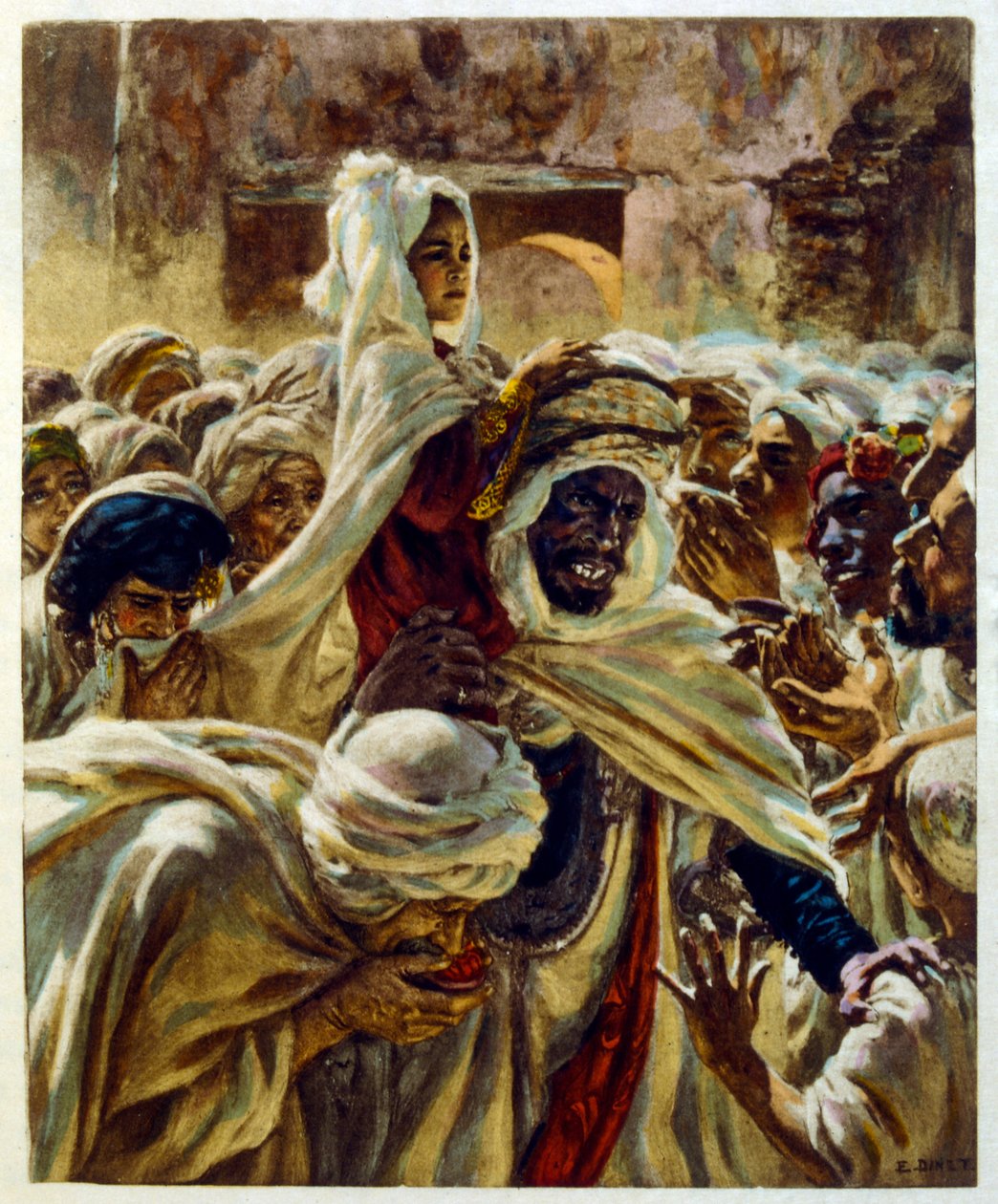 Dinet:n kuvitus teoksesta Mirages Scenes of Arab life. 1906. Mirages, Scénes De La Vie Arab on kuvittanut Etienne Dinet Silman Ben Ibrahim Bamerin kommentilla. Nasreddine Dinet syntyi nimellä Alphonse-Étienne Dinet; (1861-1929) oli ranskalainen itämainen tekijältä Alphonse Etienne Dinet