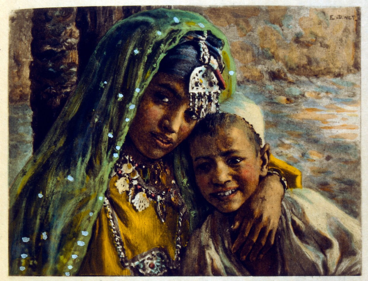 Dinet:n kuvitus teoksesta Mirages Scenes of Arab life. 1906. Mirages, Scénes De La Vie Arab on kuvittanut Etienne Dinet Silman Ben Ibrahim Bamerin kommentilla. Nasreddine Dinet syntyi nimellä Alphonse-Étienne Dinet; (1861-1929) oli ranskalainen itämainen tekijältä Alphonse Etienne Dinet