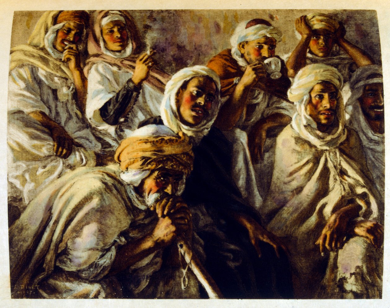 Dinet:n kuvitus teoksesta Mirages Scenes of Arab life. 1906. Mirages, Scénes De La Vie Arab on kuvittanut Etienne Dinet Silman Ben Ibrahim Bamerin kommentilla. Nasreddine Dinet syntyi nimellä Alphonse-Étienne Dinet; (1861-1929) oli ranskalainen itämainen tekijältä Alphonse Etienne Dinet