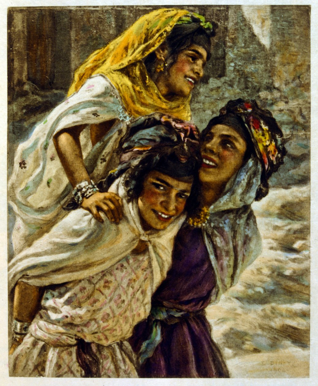 Dinet:n kuvitus teoksesta Mirages Scenes of Arab life. 1906. Mirages, Scénes De La Vie Arab on kuvittanut Etienne Dinet Silman Ben Ibrahim Bamerin kommentilla. Nasreddine Dinet syntyi nimellä Alphonse-Étienne Dinet; (1861-1929) oli ranskalainen itämainen tekijältä Alphonse Etienne Dinet
