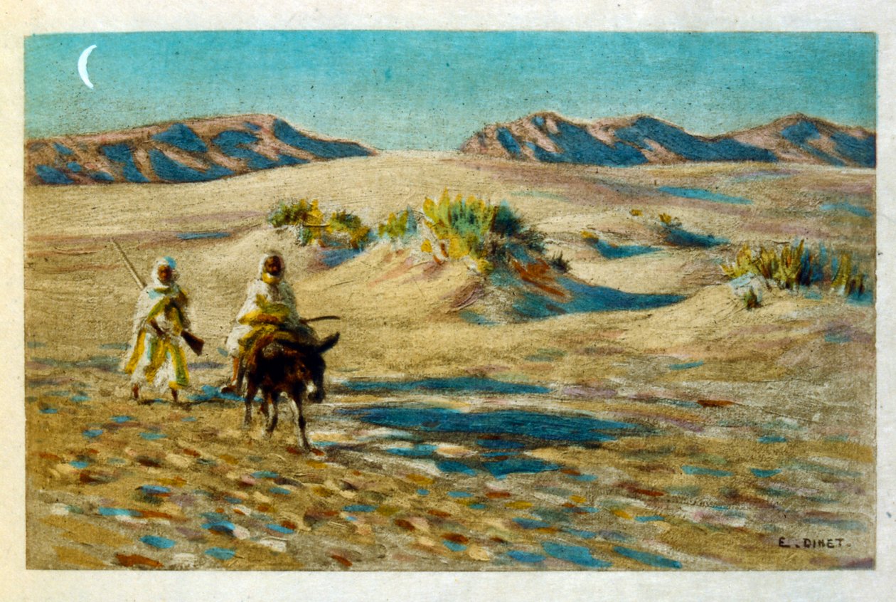 Dinet:n kuvitus teoksesta Mirages Scenes of Arab life. 1906. Mirages, Scénes De La Vie Arab on kuvittanut Etienne Dinet Silman Ben Ibrahim Bamerin kommentilla. Nasreddine Dinet syntyi nimellä Alphonse-Étienne Dinet; (1861-1929) oli ranskalainen itämainen tekijältä Alphonse Etienne Dinet