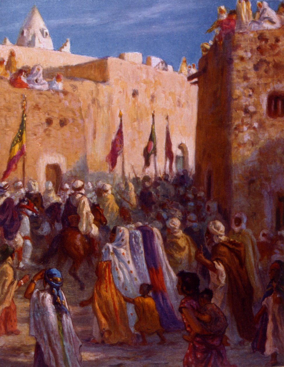 Kuva muslimien arabisotureista lähtemässä kaupungista jihadiin tai pyhään sotaan. kirjoittanut Nasreddine Dinet (Alphonse-Étienne Dinet). 1861 1929. ranskalainen orientalistinen taidemaalari. 1918. tekijältä Alphonse Etienne Dinet