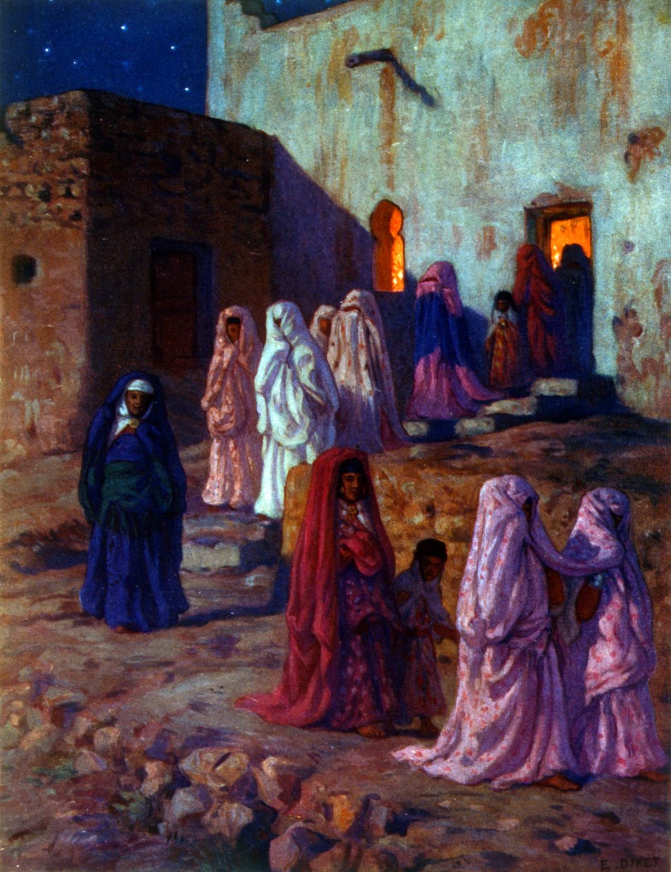 Kuvitus musliminaisista, jotka juhlivat "Mawlidia" (profeetan syntymä). islamilaisen profeetta Muhammedin syntymäpäivän viettoon. Kirjailija: Nasreddine Dinet (Alphonse-Étienne Dinet). 1861 1929. ranskalainen orientalistinen taidemaalari. 1918. tekijältä Alphonse Etienne Dinet
