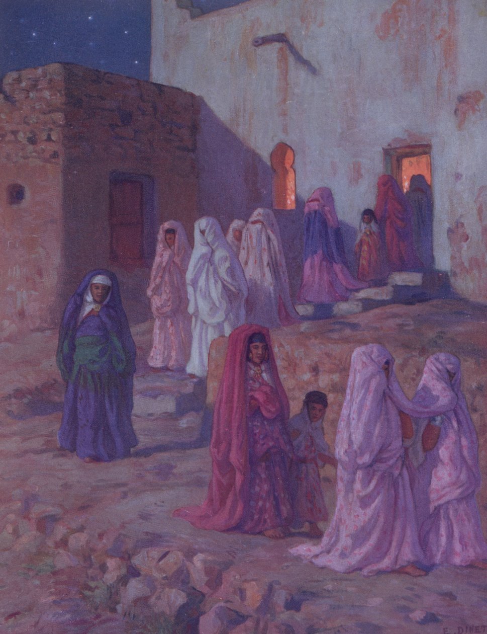 Muslimit poistumassa kylän moskeijasta Mouledin aattona, esimerkki profeetta Muhammedin elämän historiasta, julkaistu Pariisissa vuonna 1918 tekijältä Alphonse Etienne Dinet