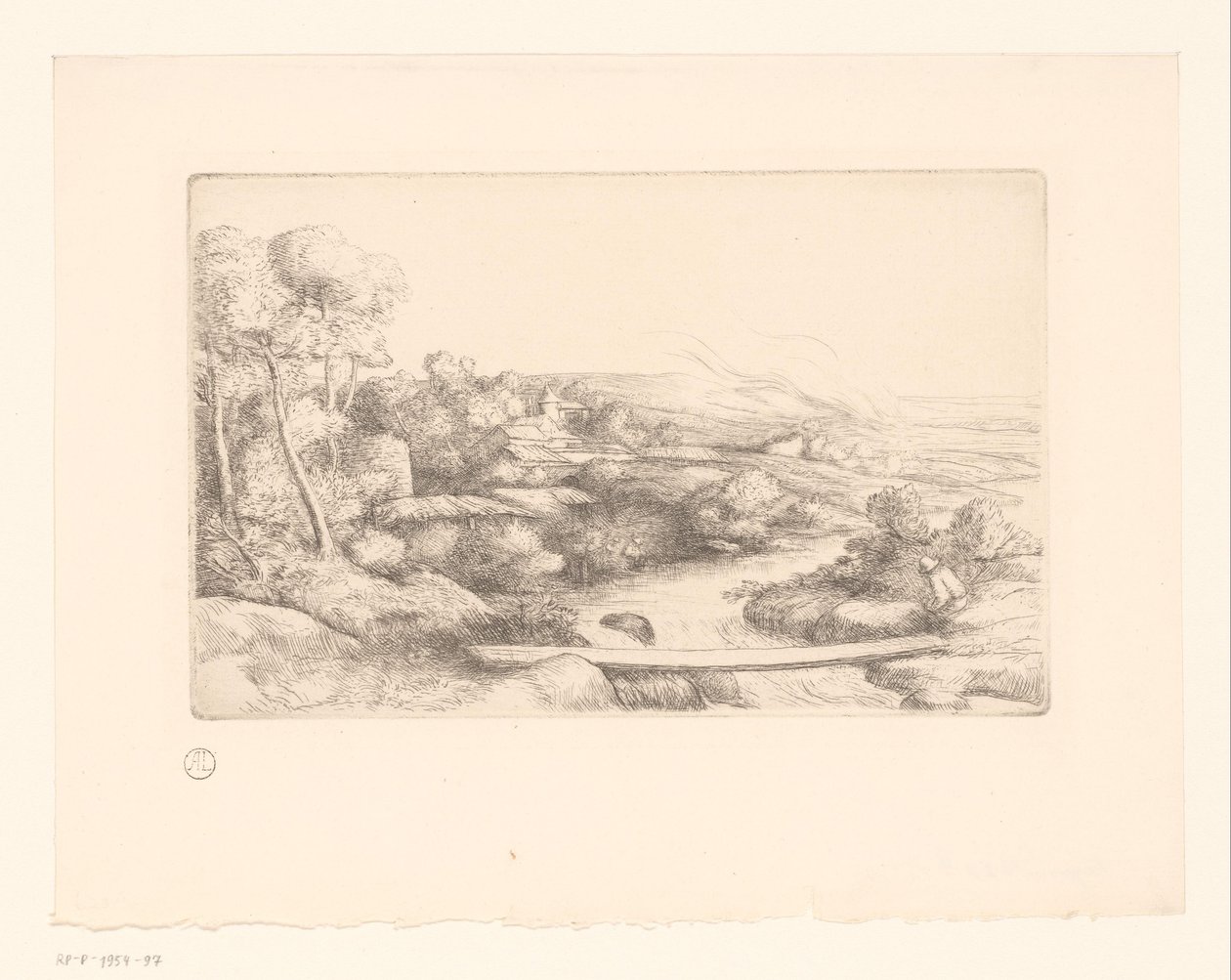 Maisema lankkulla joen yli la passerelle tekijältä Alphonse Legros (attributed to)