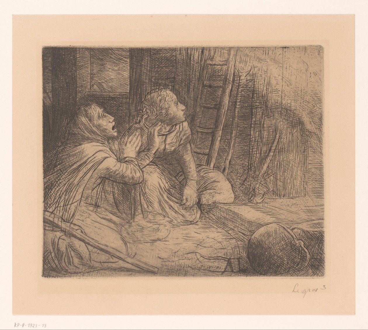 Kaksi polvistuvaa naista katselee ylös tekijältä Alphonse Legros (signed by artist)