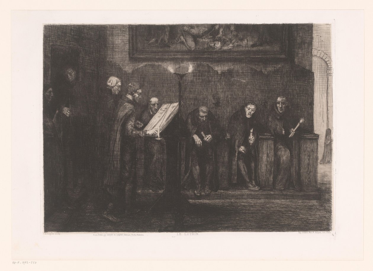 Kahdeksan miestä puhujan ympärillä Le lutrin (otsikko esineessä) tekijältä Alphonse Legros