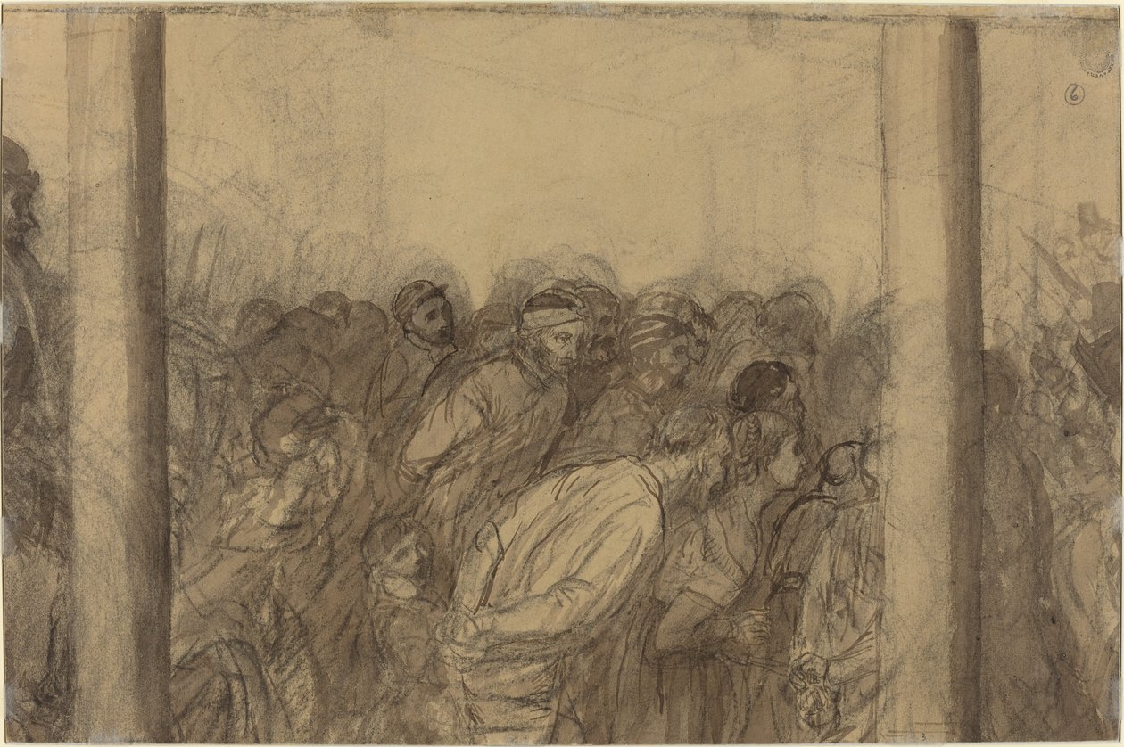 Ihmisjoukko kahden sarakkeen välissä [käänteinen]. tekijältä Alphonse Legros