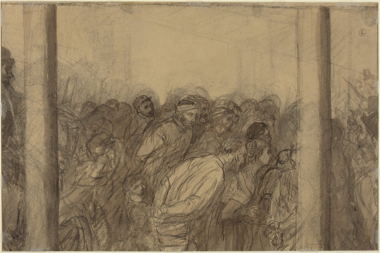 Kahden pylvään välissä näkyvä ihmisjoukko [kääntöpuoli] tekijältä Alphonse Legros
