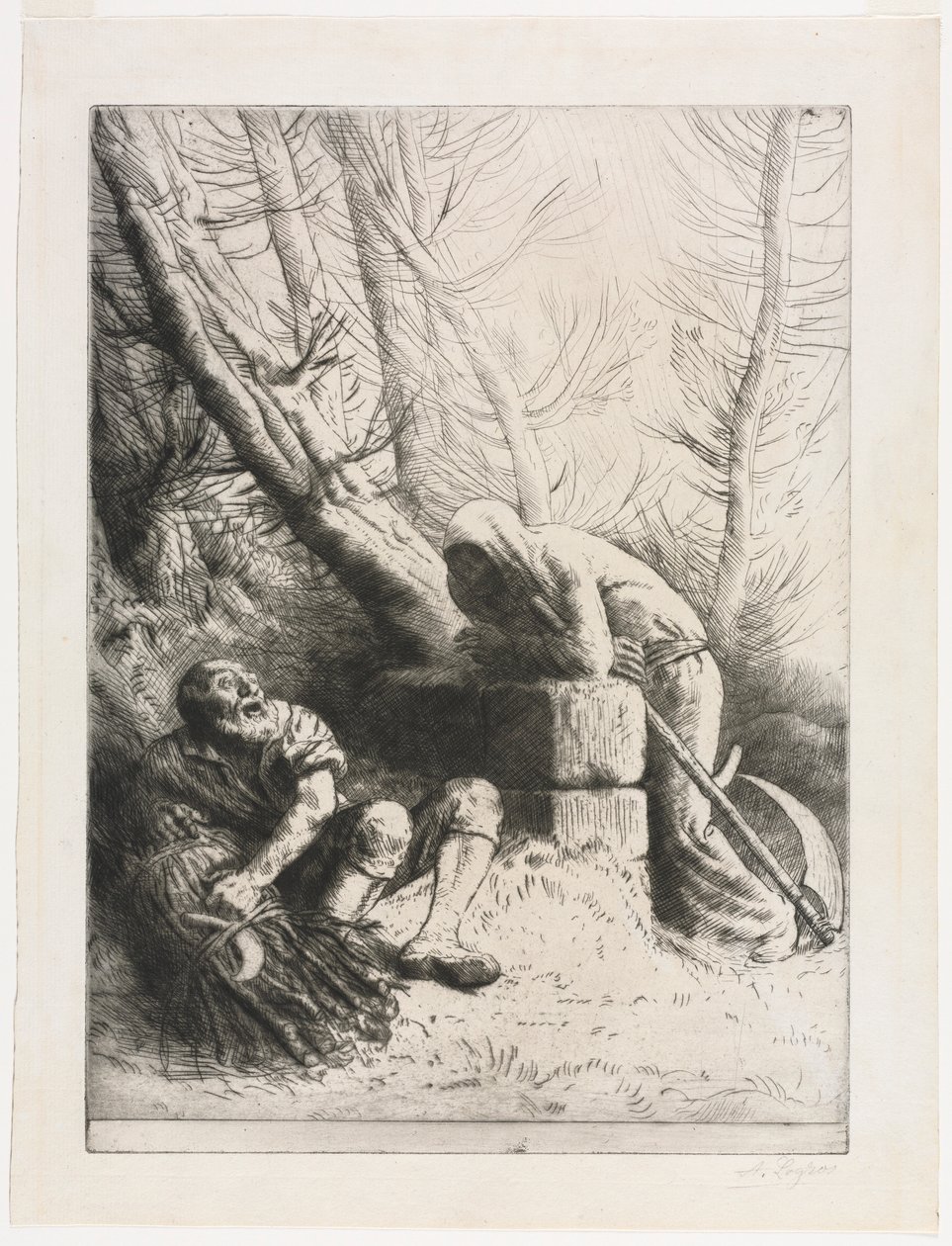 Kuolema ja puunhakkaaja, 1881. tekijältä Alphonse Legros