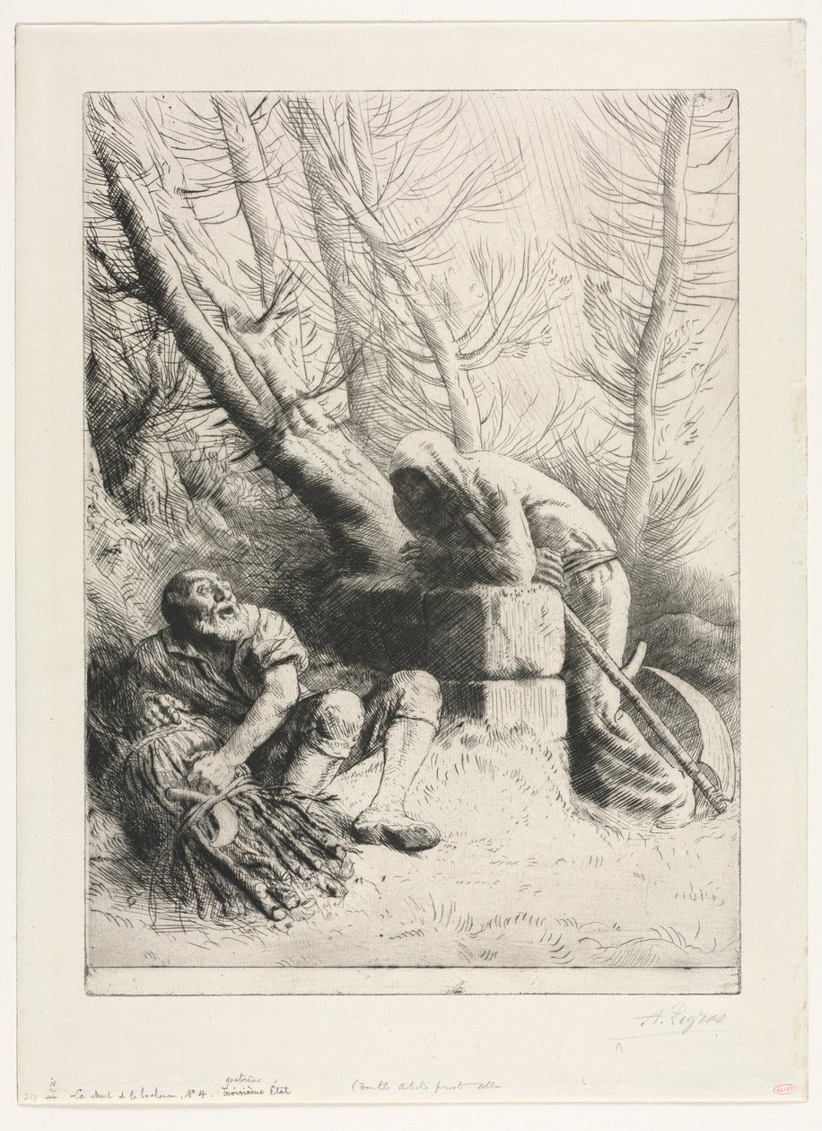 Kuolema ja puunhakkaaja, 1881. tekijältä Alphonse Legros