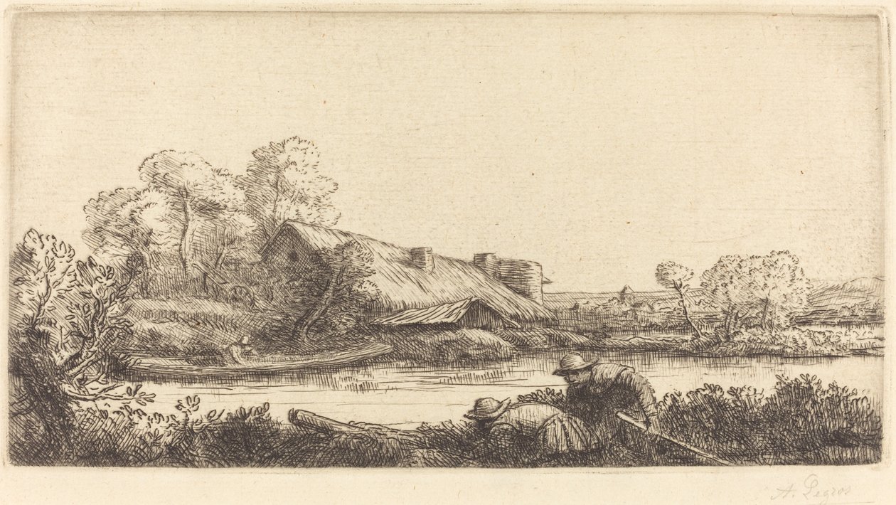 Iltavalon näkemä maatila joen varrella tekijältä Alphonse Legros