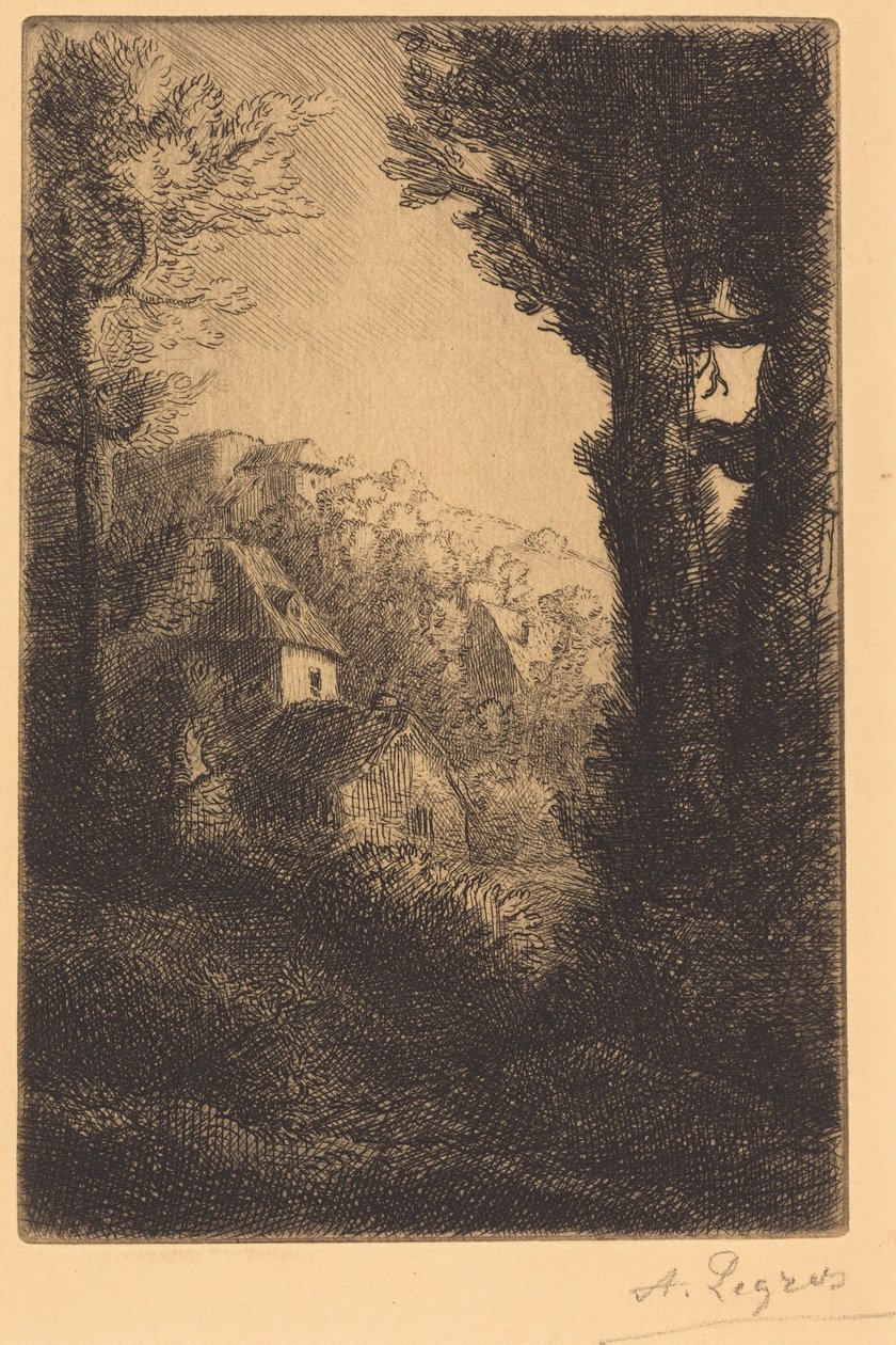 Maatila auringon valaisemalla rinteellä tekijältä Alphonse Legros