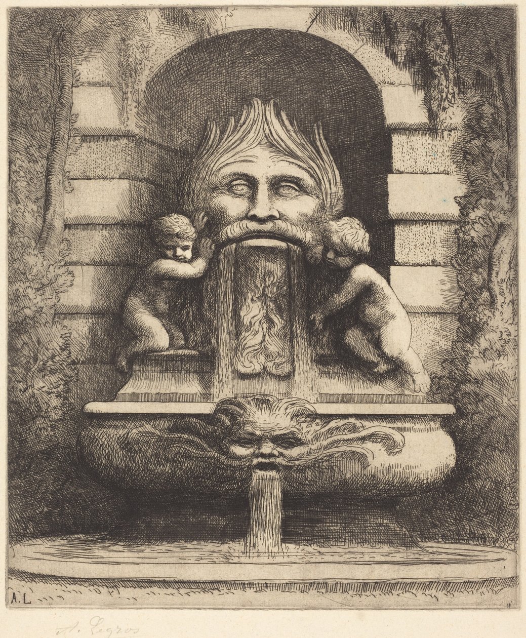 Suihkulähde: Groteski, lapset ja altaan (Une fountaine: Masque, enfants et bassin) tekijältä Alphonse Legros