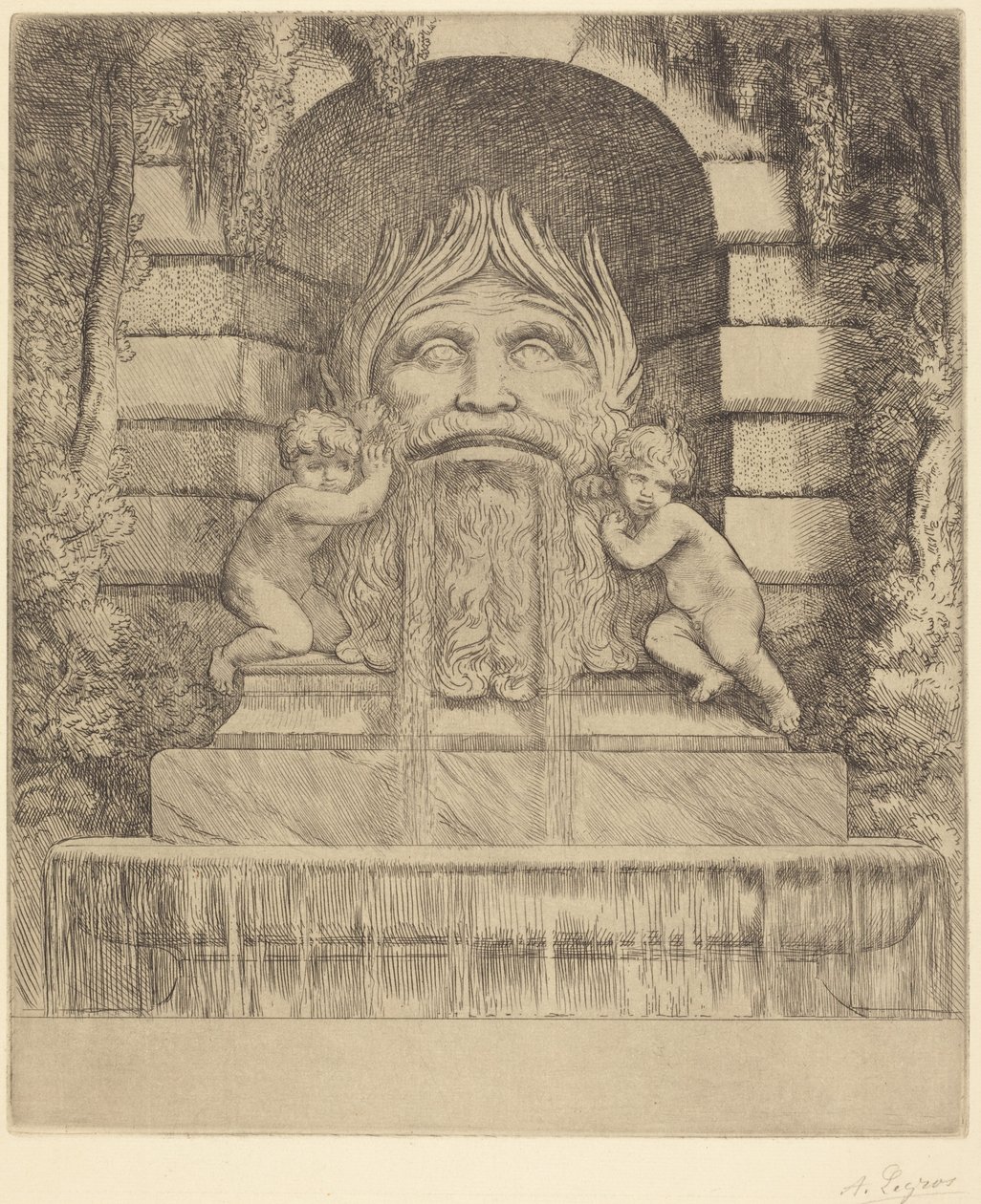 Suihkulähde: Groteski, lapset ja altaan (Une fountaine: Masque, enfants et bassin) tekijältä Alphonse Legros