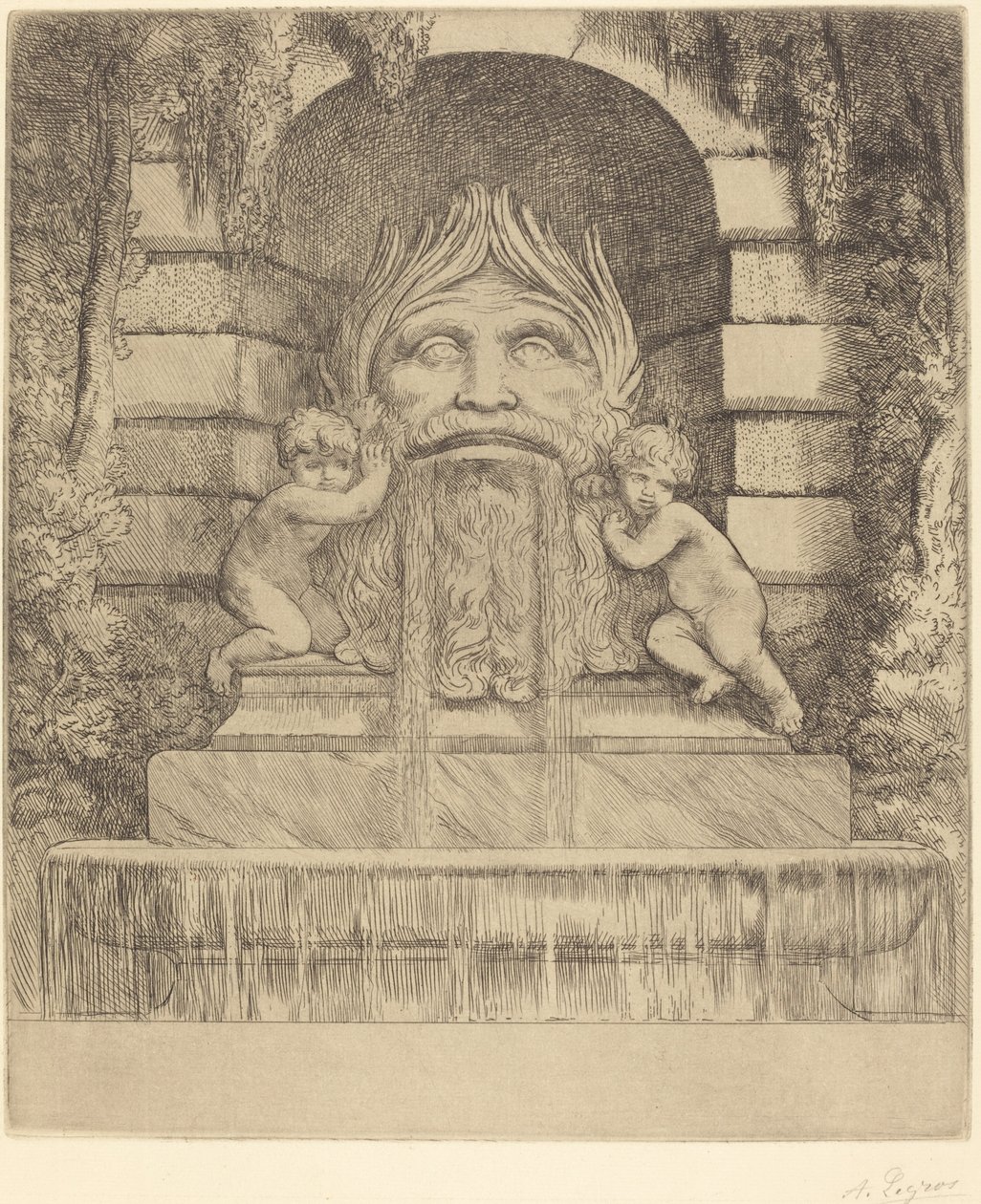 Fountain: Grotesque, Children and Basin Une fountain: Masque, enfants et bassin. tekijältä Alphonse Legros