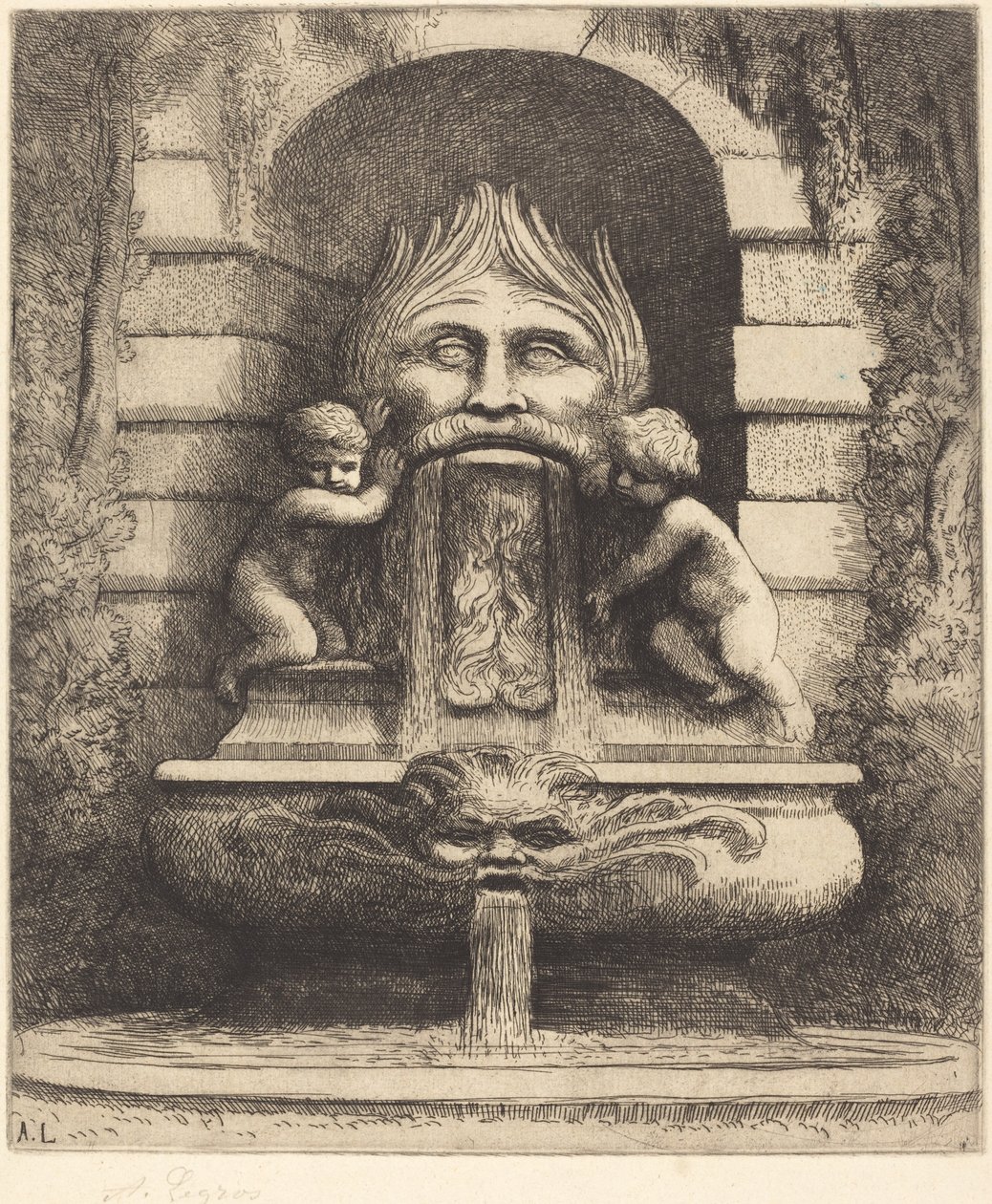 Fountain: Grotesque, Children and Basin Une fountain: Masque, enfants et bassin. tekijältä Alphonse Legros