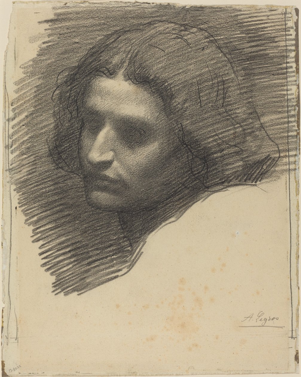 Vasemmalle päin olevan miehen pää [recto]. tekijältä Alphonse Legros