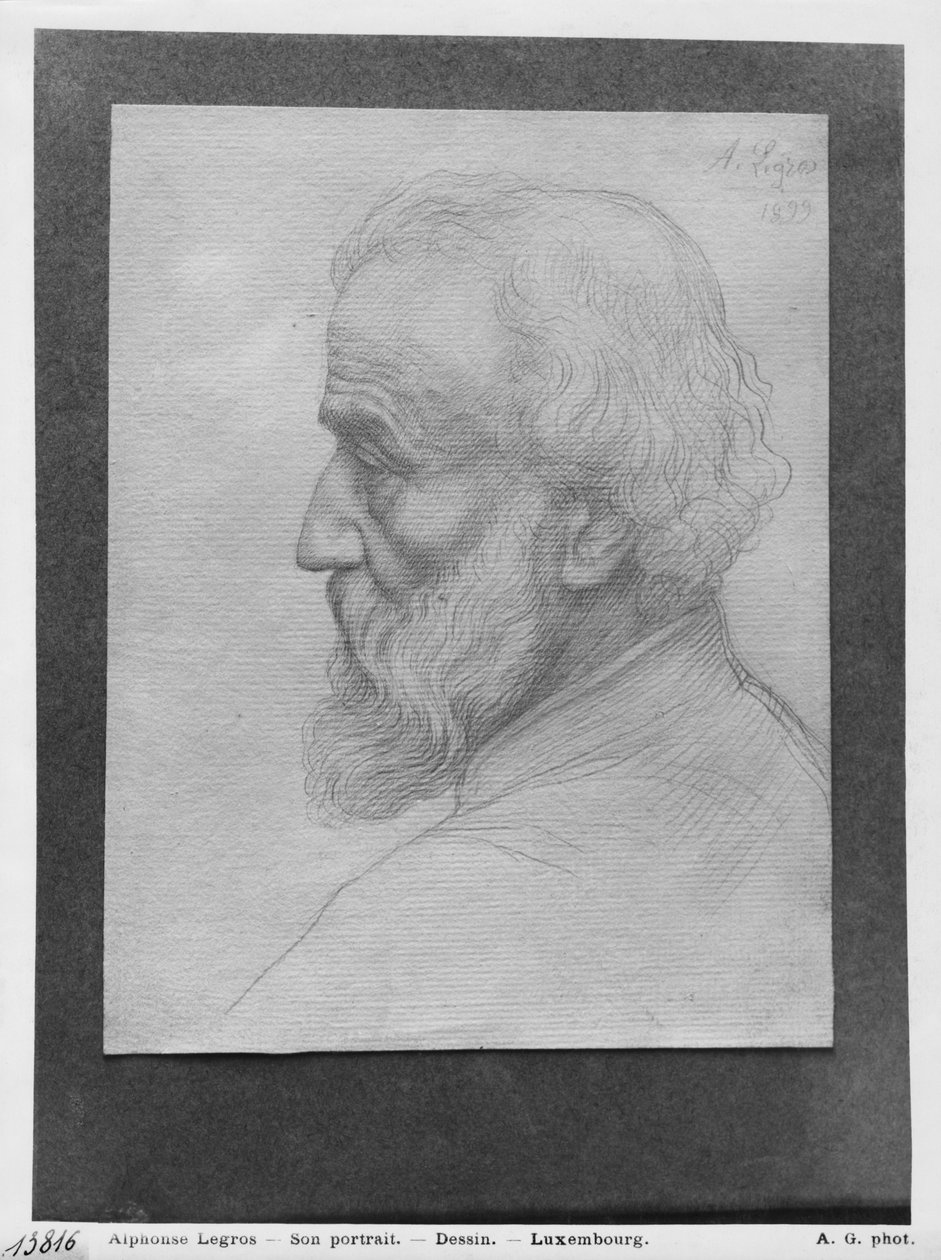 Pitkähiuksisen vanhan miehen pää, 1899 (hopeakärki paperilla) tekijältä Alphonse Legros