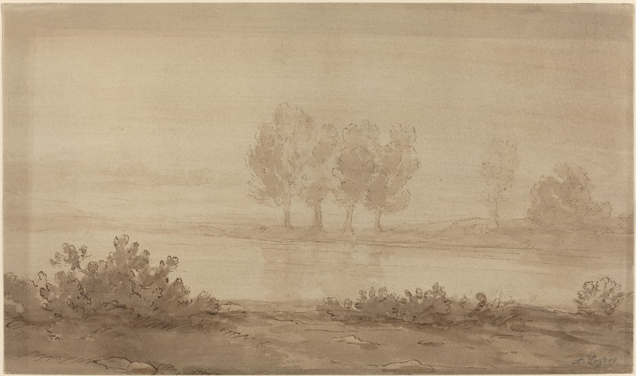 Maisema - Neljä puuta joen takana tekijältä Alphonse Legros