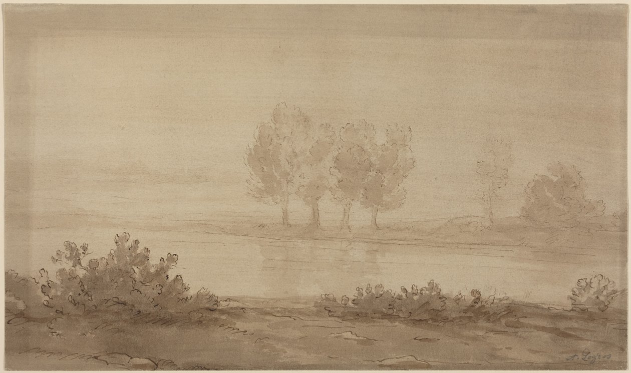 Maisema - neljä puuta joen toisella puolella tekijältä Alphonse Legros