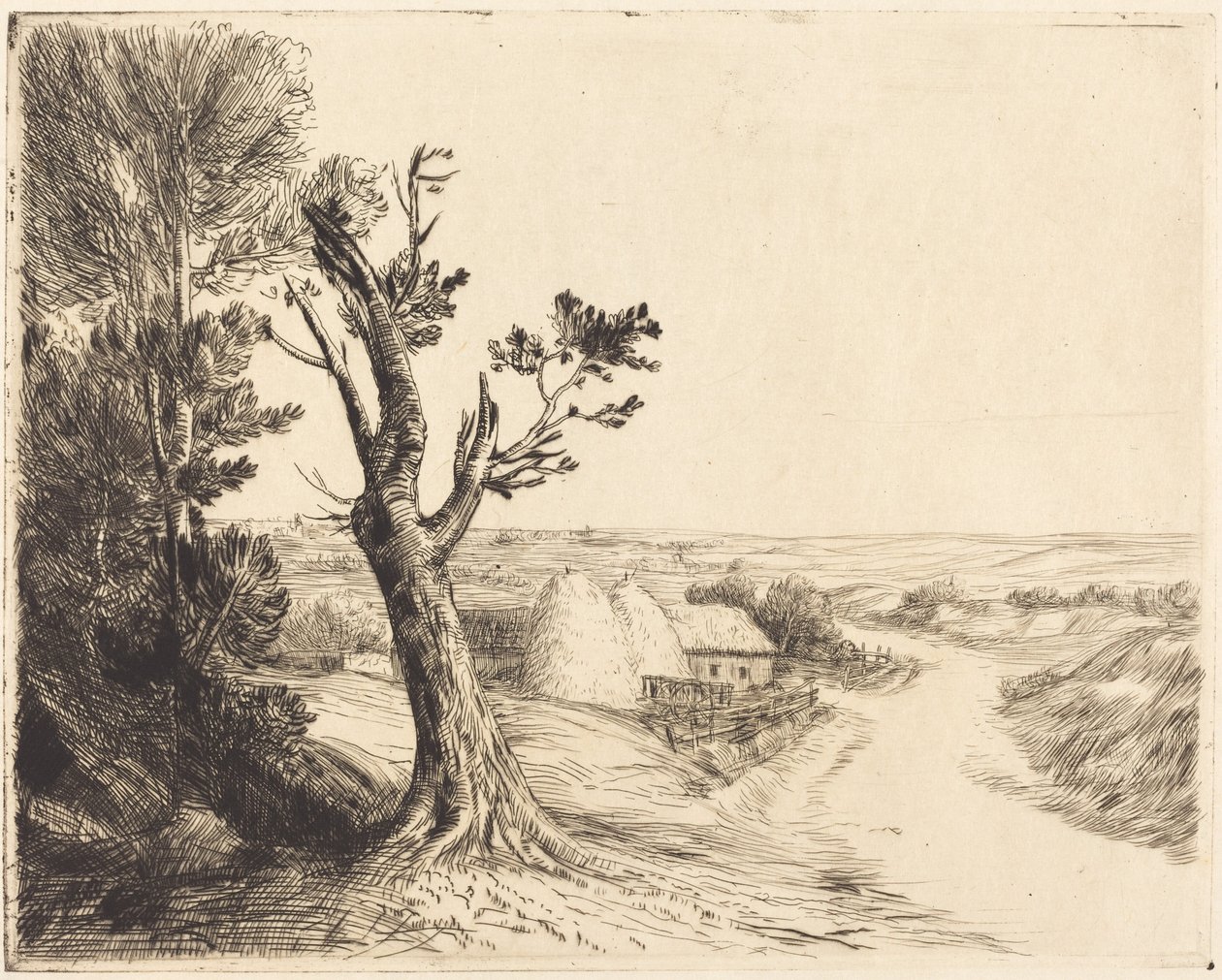 Maisema, jossa on heinäpaaleja (Le paysage aux meules) tekijältä Alphonse Legros