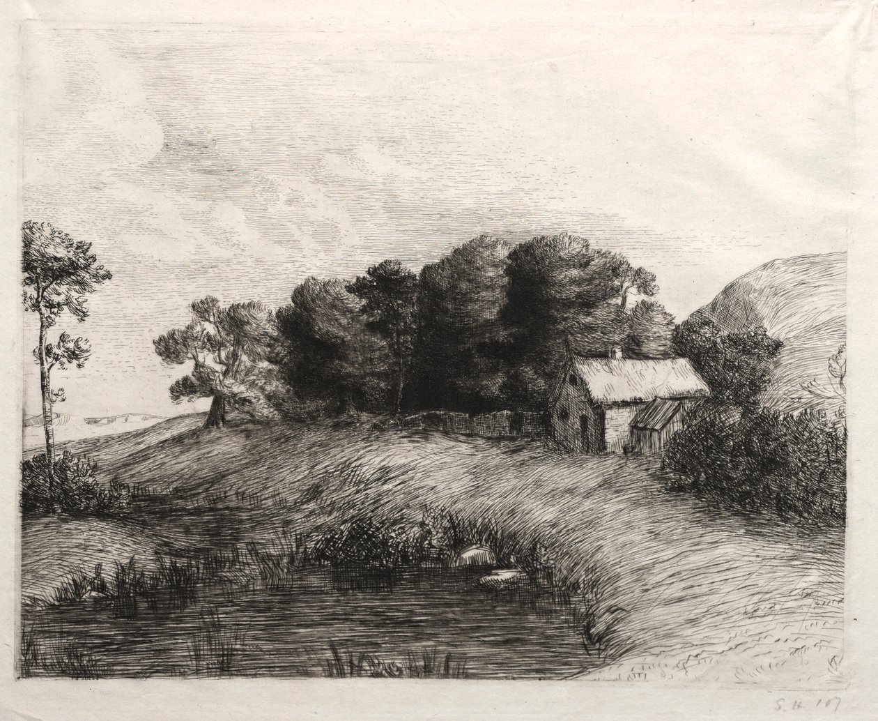 Maisema lampineen. tekijältä Alphonse Legros