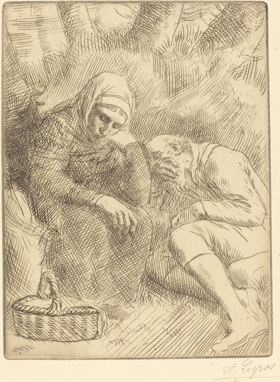 Mies ja vaimo istuvat tien varrella korin kanssa tekijältä Alphonse Legros