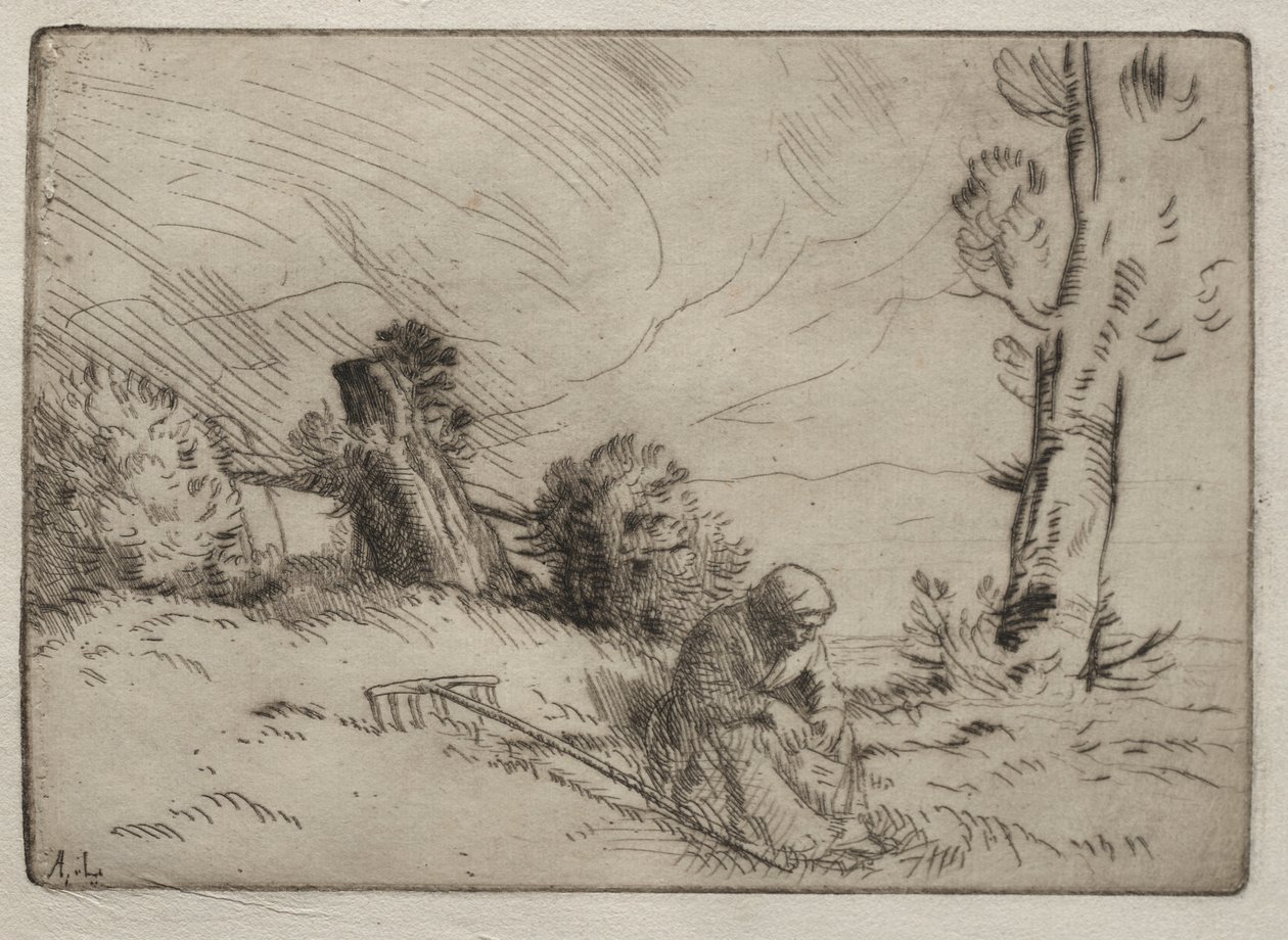Talonpoikanainen istuu lähellä pensasaitaa tekijältä Alphonse Legros
