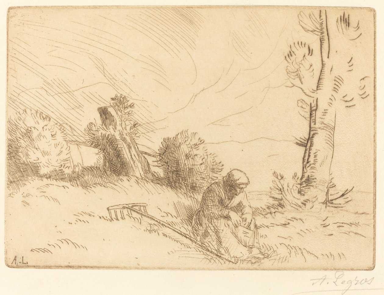 Talonpoikanainen istuu lähellä pensasaitaa tekijältä Alphonse Legros
