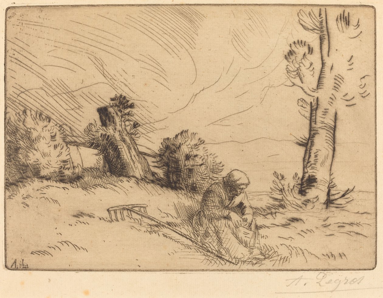 Talonpoikanainen istuu lähellä pensasaitaa tekijältä Alphonse Legros