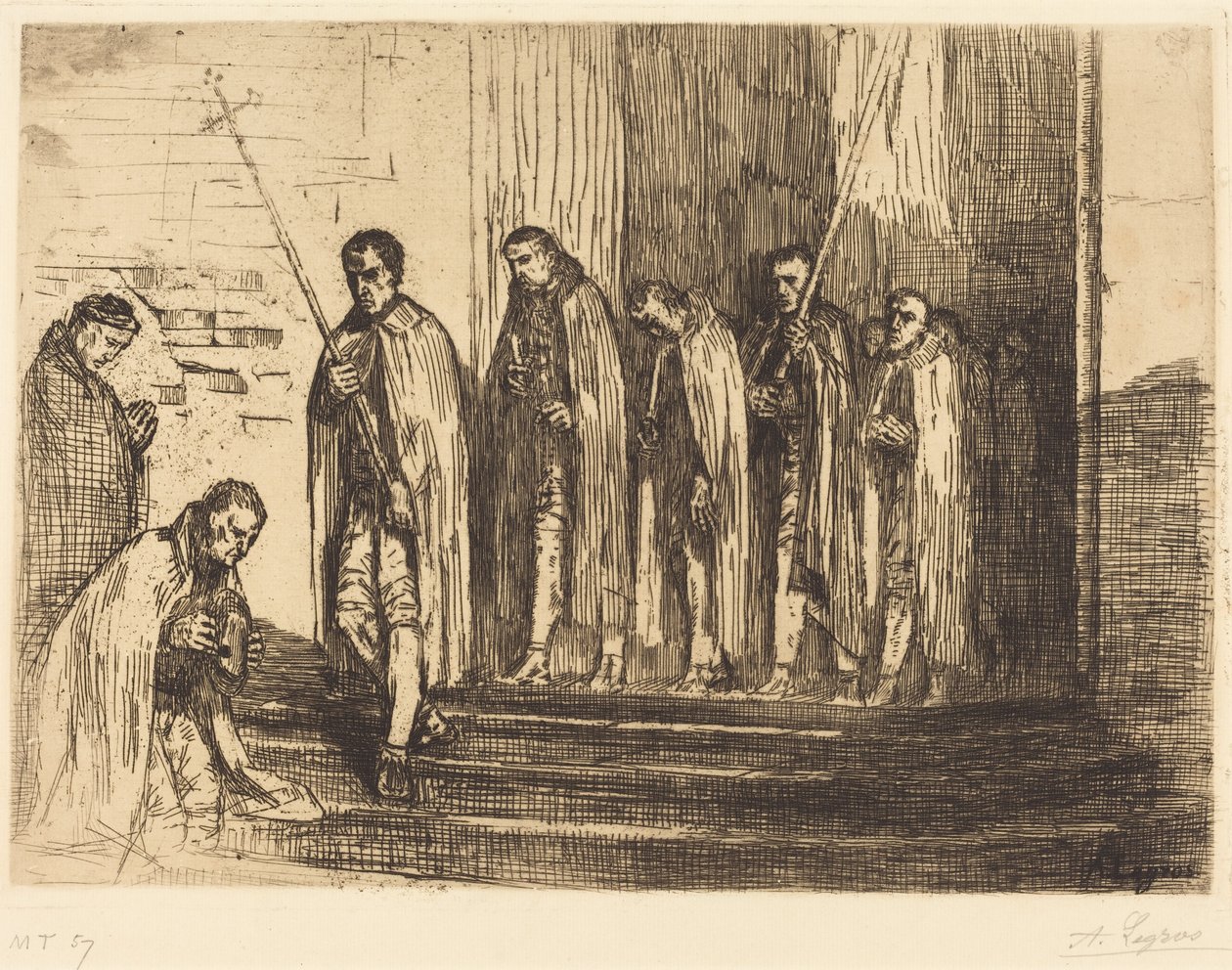 Kirkosta lähtevä kulkue (La sortie de la procession) tekijältä Alphonse Legros