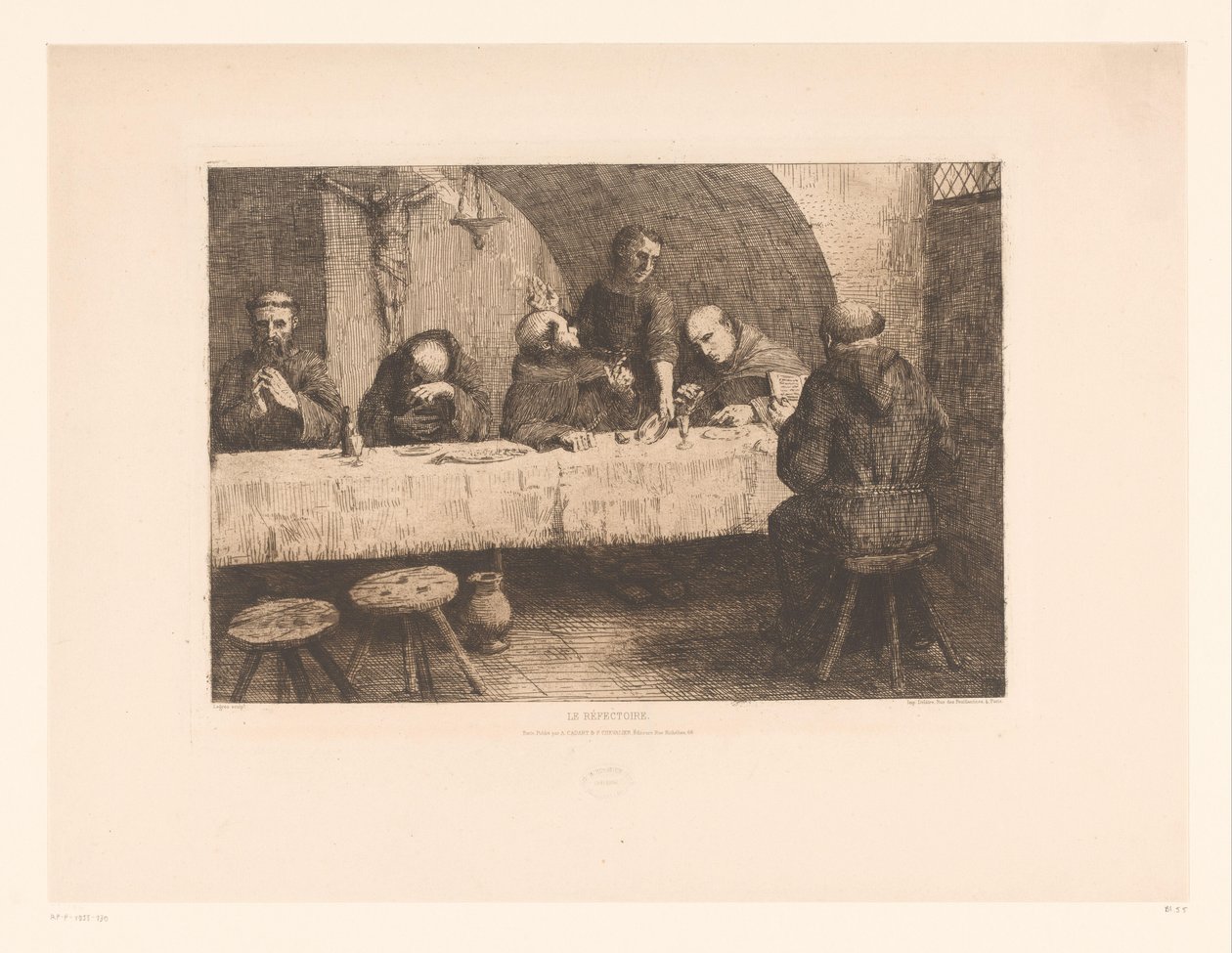 Ruokasali rukoilevien munkkien kanssa Le réfectoire (nimi esineessä) tekijältä Alphonse Legros
