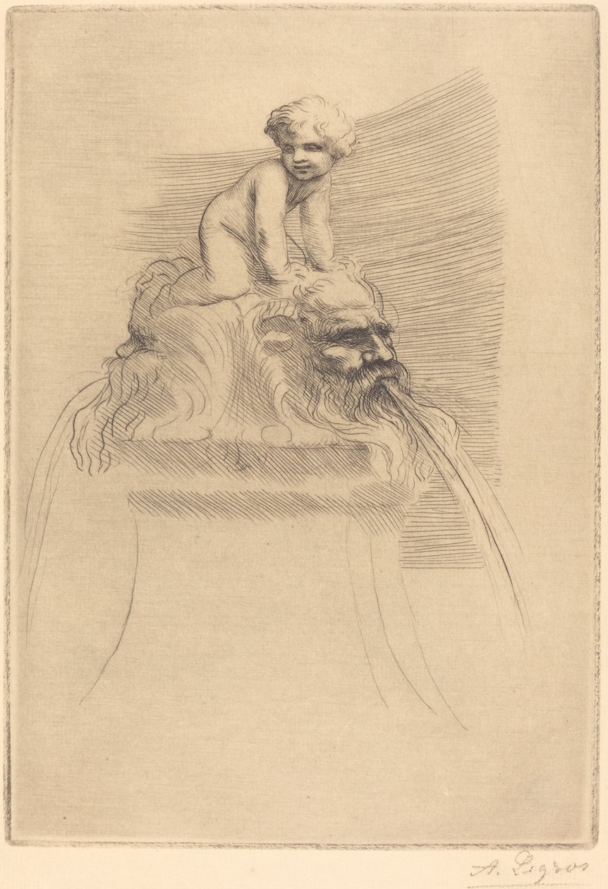 Small Fountain, Child Playing on the Grotesques Petite fontaine, enfant qui joue surdes masques.  tekijältä Alphonse Legros